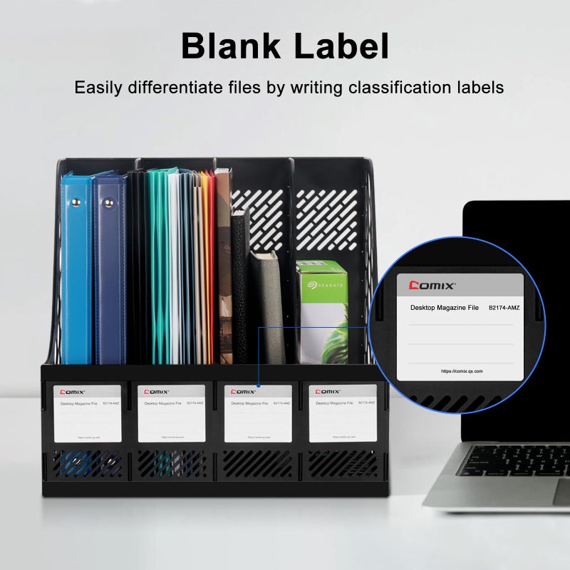 Comix Magazine File Holder Rack/Vertical Desktop File Organizer - Plastic Desk Organizer for Files, Folders, Books - 4 Compartment Binder Organizer - Black - Image 3